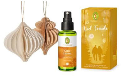 PRIMAVERA Geschenkset Viel Freude – Gute Laune Raumspray bio & 2 Dekoanhänger – Fruchtig-zitrusartiger Duft für eine zauberhaft vergnügte Stimmung - 100% naturreine ätherische Öle - vegan