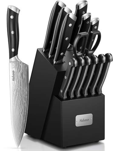 Yabano Couteaux de Cuisine avec Bloc, Bloc de Couteaux 14 Pièces, Set de Couteaux de Cuisine en Acier Inoxydable avec Bloc en Bois et Aiguiseur Intégré, Manches Forgés en ABS
