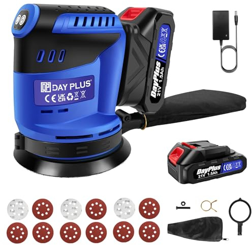 Electric Random Orbit Sander, Cordless Circular Orbital Sander with Sandpapers,1.5Ah Battery, Dust Collector, 3Variable Speed 125MM Hand Palm Sanders for Wood, Metal, Wall, Power Sanding Machine, Blue