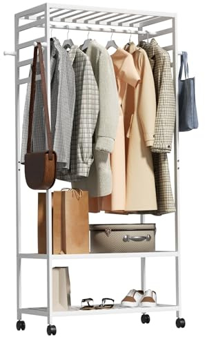 unho Bambu åsna klädhängare med hjul: vit trä öppen garderob, stående klädhängare med 2 hyllor och 4 klädkrokar skor väskor för sovrum entré vardagsrum 78 x 41 x 169 cm