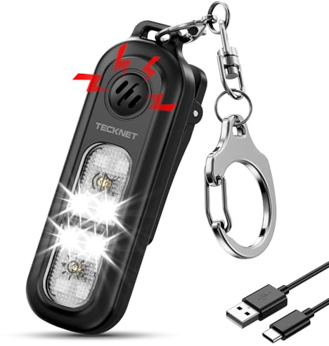 TECKNET Taschenalarm für Frauen, 135dB Persönlicher Alarm mit Stroboskoplicht, IPX4 Wiederaufladbare Sirene mit Schlüsselanhänger, Lauter Alarm für Frauen unterwegs, Kinder, Senioren, Schwarz