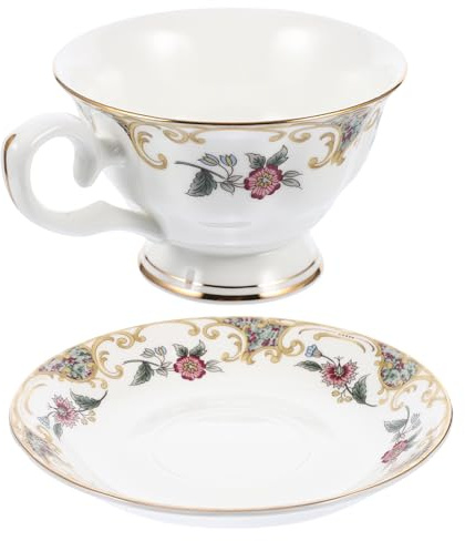 VICASKY Tazza da Caffè in Bone China con Piattino in Stile Europeo Design Grande e Facile da Pulire per Tè Pomeridiano con Motivo Floreale Elegante Regalo per Famiglia e Amici