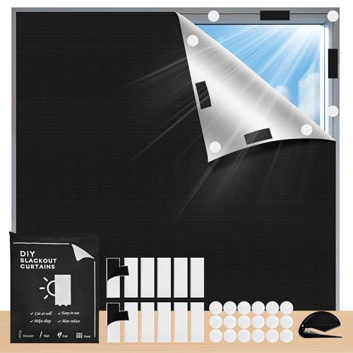 TIYCNIY Blackout Blind, 200x145cm Portable No Drill Fits Any Size Shape Blackout Blinds Stick on Window, with Strong Hook & Loop Fasteners for Bedroom, Nursery, Skylight and Travel