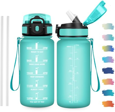 JAPORIA Gourde Sport 500ml, Gourde avec Paille et Marqueur de Temps, Gourdes sans BPA, Bouteille pour Bureau, Fitness, Randonnée, Yoga, Camping