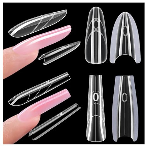 Gelike EC Dual Forms for Nail Extension: Almond ＆Coffin Sandwich Dual Forms Work with Builder Gel ＆ Polygel - 2 Shapes 240PCS 15 Sizes Reusable 100+ Times Clear Acrylic Molds Kit for Quick Manicure