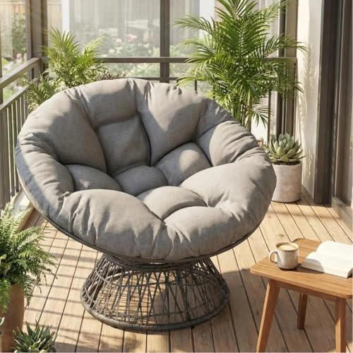 JvFun 41.5 Ergonomic Wicker Papasan Chair with Thick Olefin Cushion – 360 Degree Swivel Lounge Chair with Adjustable Feet and Metal Frame | Indoor and Outdoor Use, Garden or Patio(Gray)