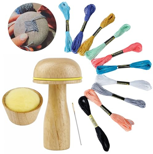 Wood Darning Mushroom Kit with Needles, Sewing Thread, and Darning Supplies