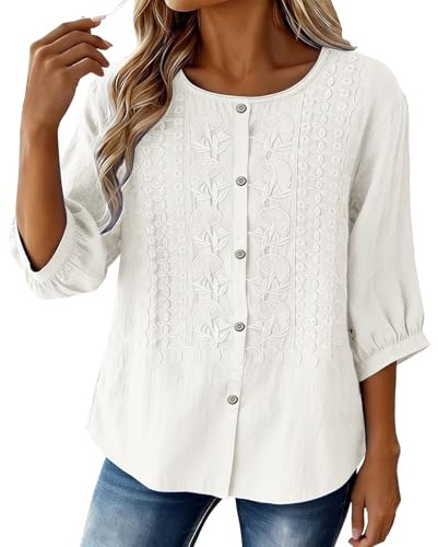 Bluse Donna Curvy Estiva Camicette Cotone E Lino Manica Tre Quarti Vintage Fiori Maglia Elegante con Bottoni Camicetta Vintage Moda Curvy Blouse Classico Top Casual Comoda e Traspirante
