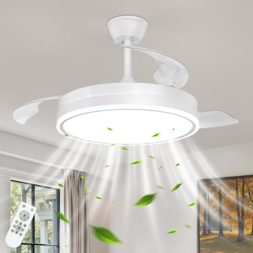 Mckalen 106CM Ventilatore da Soffitto con Luce e Telecomando, 3 Pale Retrattili, Reversibile, 3 Temperature di Colore, 6 Velocità, Timer, Motore DC Silenzioso per Camera da Letto, Soggiorno, Bianco