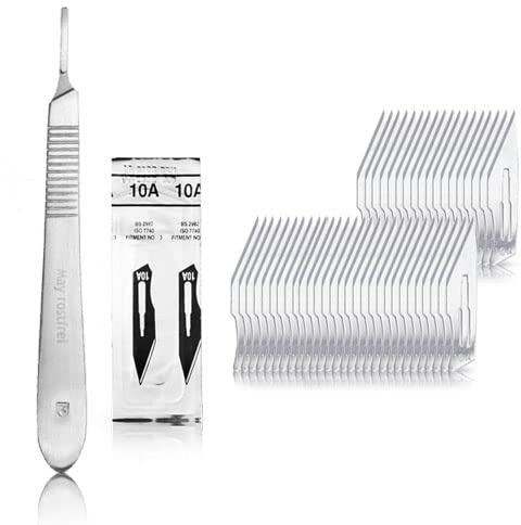Set - 50 Stück Skalpellklingen Figur 10A aus Karbonstahl - Ersatzklingen einzeln steril verpackt + 1 x May - Skalpell-Halter - Edelstahl
