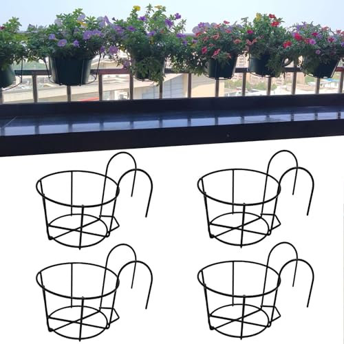 4 Pack Round Hanging Railing Planters, Flower Pot Holders, Metal Pot Plant Basket, Shelf containers for Indoor and Outdoor use (Black)