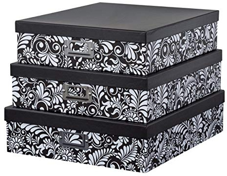 Soul & Lane Modern Botanical Decorative Cardboard Boxes with Lids, Set of 3 Black and White Floral Letter Storage for Documents, Memory Boxes for Keepsakes, Photos, Scrapbooks