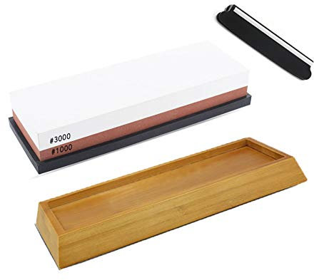 Sharpening Stone,Whetstone 3000/1000 Grit Dual-Sided Water Stone Sharpener,with Non-Slip Bamboo Base & Flattening Stone for Kitchen, Tactical, Outdoor
