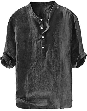 Ryannology Mens Linen Shirts Casual Cotton 3/4 Sleeve Henley T-Shirt