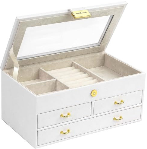 ADEL DREAM Schmuckkästchen, 3-stöckiges Schmuckkästchen mit rotgoldener Schnalle, Schmuckaufbewahrung aus PU-Leder, weicher Samt, Geschenk für Ihre Lieben und Freunde(Bianco-11-6)
