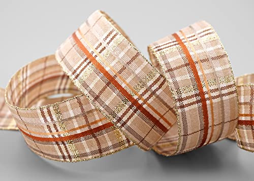 20 m x 40 mm Karo Dekoband SANTA'S PANTS TAUPE Beige Braun Gold kariertes Geschenkband mit formstabilen Kanten glänzend Schleifenband Stoffband Deko Band Weihnachten Advent Lurexkante Goldkante