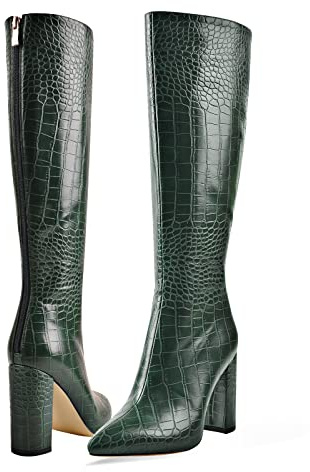 Green Knee HIgh Heel Boots for Women Crocodile Skin Colored Chunky Heel Gogo Snakeskin Pointed toe Boots Fashion Daily Wearing Party Costume Shoes Mid calf 4in High Heels Size 8