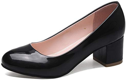 Bviennic Femmes Closed Toe Cuir Verni A Enfiler Block Talons Moyen Escarpins Bureau Travail Confort Fête Bout Rond Mode Robe Chaussures Mariage Noir Taille 48 Eu-50Cn