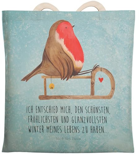 Mr. & Mrs. Panda Einkaufstasche Rotkehlchen Schlitten - Geschenk, Beutel, Baumwolltasche, Wintermotiv, Beuteltasche, Vogel, Nikolaus, Umhängetasche,