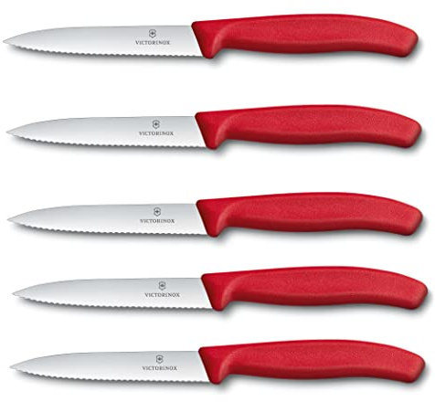 Victorinox 5-tlg Gemüsemesser Set Swiss Classic Rot – 10 cm mit Wellenschliff – Tomatenmesser