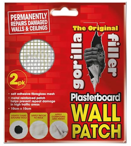 Gorilla Filler Plasterboard Repair Patch 2 Pack – 4 Inch (10cm x 10cm) Self-Adhesive Fibreglass Mesh for Wall & Ceiling Hole Repairs – Strong, Permanent Fix for Damaged Plasterboard & Drywall
