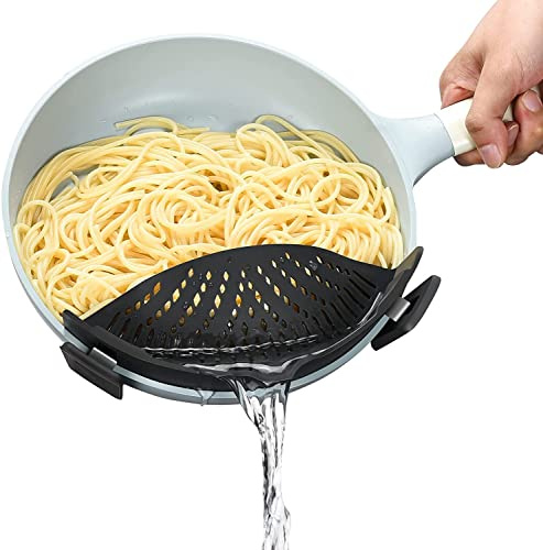 Clip on Strainer for Pots Pans,Heat Resistant Silicone, Easy to Use and Store, Dishwasher Safe Adjustable Silicone Clip On Strainer for Pots, Pans, and Bowls- Black