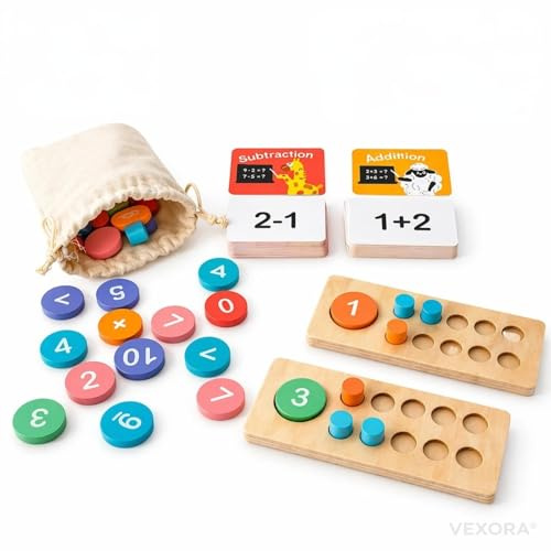 VEXORA Montessori Mathe Lernspiel Holz Zahlen Lernen Rechenspiel Kinder Vorschule Mathematik Lernspielzeug Ten Frame Rechenhilfe Zählhilfe Set Geschenk Kinder ab 3 Jahre