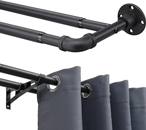 INFLATION Industrielle Doppel-Gardinenstangen, mattschwarze Vorhangstangen für Fenster 74-340 cm, 2,5 cm umlaufende doppelte Vorhangstangen für Fenster, verstellbares Vorhangstangen-Set für Wohnzimmer
