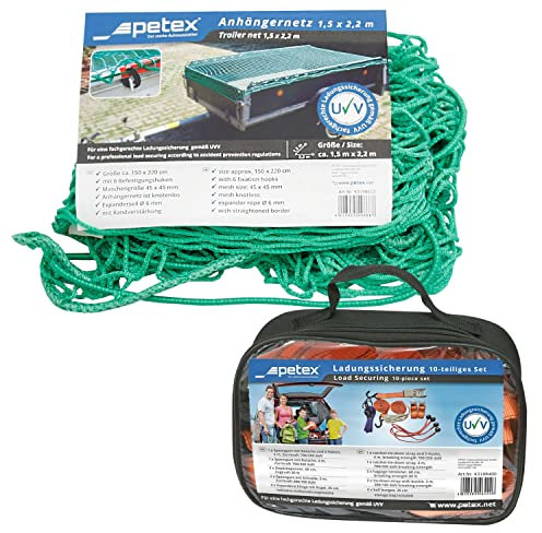 PETEX Anhängernetz 1,5 x 2,2 m, grün inkl. Ladungssicherungsset, 10-teilig