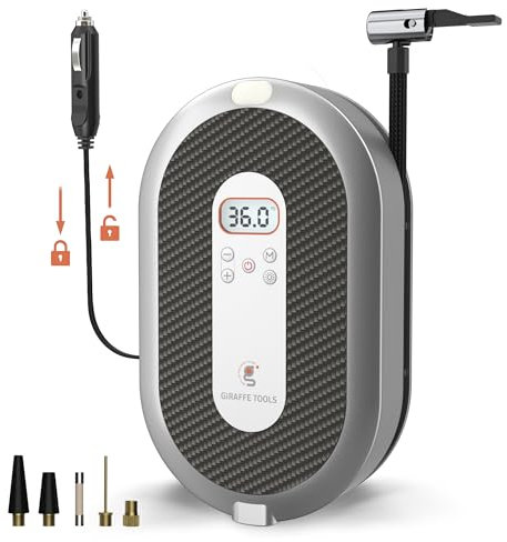 Giraffe Tools Retractable Car Tyre Inflator 12V DC with Cable, 150PSI Portable Air Compressor with Pressure Gauge and Adapters for Cars, Motorcycles, Bikes and Balls