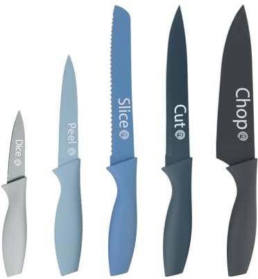 MasterChef Set Couteau Cuisine, Couteaux de Cuisine | compris Couteau d'Office, Universel, Couteau à Pain et Couteau de Chef, Inox, Antiadhésif, Manche Ergonomique, 5 Pièces