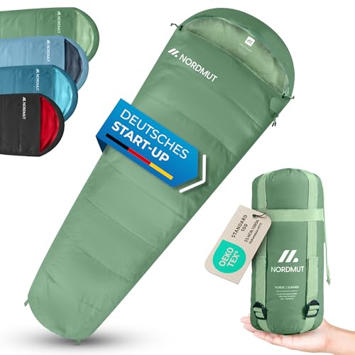 NORDMUT® Schlafsack Erwachsene – kleines Packmaß & Ultraleicht (900/1500g) – 3-Jahreszeiten (250 GSM) & Sommerschlafsack (100 GSM) – Mumienschlafsack für Camping, Outdoor & Festivals
