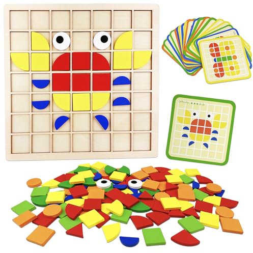NOZVYCI Tangram Kinder, 120pcs Mosaik-Puzzle Montessori Spielzeug ab 3 4 5 6 Jahre Lernspiele Kinder Holzpuzzles mit Holz klötzen Geschenke für Jungen und Mädchen 3+