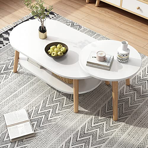 Satztisch-Couchtisch, 2er-Set, großer ovaler Couchtisch und kleiner runder Beistelltisch mit Ablagefläche, 2-in-1-Sofatisch, Teetisch mit Beinen aus Massivholz, für Wohnzimmer, Home-Office,