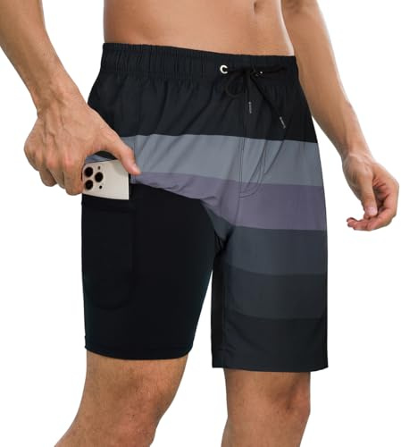 SHEKINI Pantaloncini a Bagno per Uomo con Tasche con Cerniera Pantaloncini Mare Secco Rapido Pantaloncini Costume da Bagno Uomo(S, Nero ＆ Grigio)