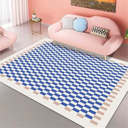 ROSURUG Outdoor Deko Wohnzimmer Dekoration Downtown Girl Room Decor Quadratisches Muster geometrisches Design Heimdekoration Zubehör leicht zu reinigen Orientteppich(blau 130X190cm)