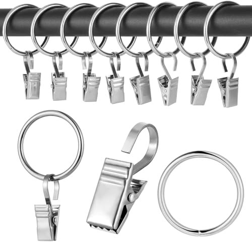 Realure 50 Stück Edelstahl Gardinenringe mit Clips, Silber Vorhangringe mit Clips, Gardinenklammern mit Ø 30 mm Metall Gardinenringe für Vorhänge, Gardinenstangen, Duschvorhang, Fotos und Licht