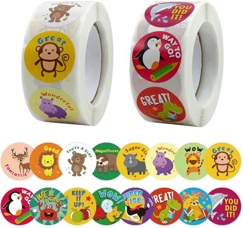 Motivationsaufkleber für Kinder, 1000 Stück Selbstklebende Tier Belohnungsaufkleber 16 Muster Lehrer Belohnungssticker Grundschule Lob Belobigung Aufkleber Motivation Sticker für Lehrer Eltern
