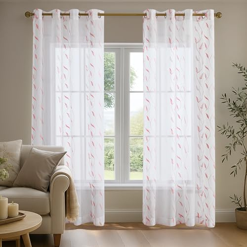 Deconovo Tende per Interni Moderne Ricamate con Anelli 140x138 cm, Tende Trasparenti Eleganti in Voile per Finestre di Camera da Letto e Soggiorno, Set da 2 Pezzi, Rosa