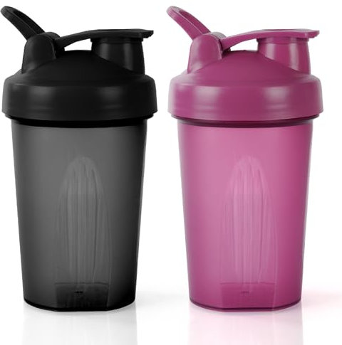 AOGOE 2 PCS Protein Shaker 400ml, Proteína Shaker a Prueba de Fugas con Bola Mezcladora, Botella Mezcladora de Batidos de Proteínas, Taza para Batidos de Proteínas para Fitness (Negro + Morado)