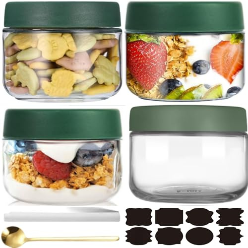 CNKHDZ 4 Pack burkar över natten havre,Grönt 300 ml övernattningsglasburkar Overnight Oats-Glas små glas havregrynsgröt förberedelse sallad mat flingor snack behållare pudding yoghurt lagring