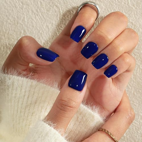 KQueenest Press on Nails Kurz – Sheer Marineblau Nägel zum Aufkleben Kurz, Einfarbig Eckig Fake Nails Dunkel Blau, Quadratische Künstliche Nägel Set für Frauen & Mädchen, 24 Stück