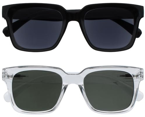 OPULIZE ERA Lesesonnenbrille für Damen und Herren – Schwarz/Grüne Gläser – 2er-Pack – Entspiegelt & blendfrei – UV400–Schutz – Großer rechteckiger Rahmen – Sonnenbrille – Schwarz/Klar +1,00
