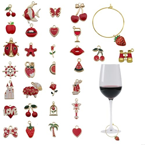 Xgvzs 31 Stück Glas Markierung Trinkgläser Weinglas Anhänger Charms Ringe für Party Weinglas Wein Cocktail Champagner