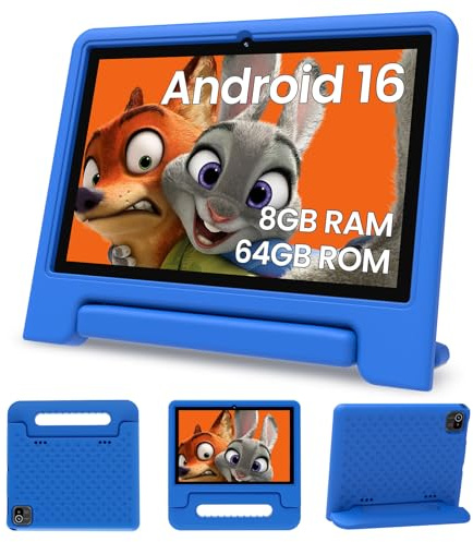 ApoloSignage 2025 Android 15 Kids Tablet, 10 Inch HD Display, Octa-Core Processor, 8GB RAM, 64GB ROM (Expandable to 1TB), with Kids Space, Parental Controls, Long-Lasting Battery (Blue)