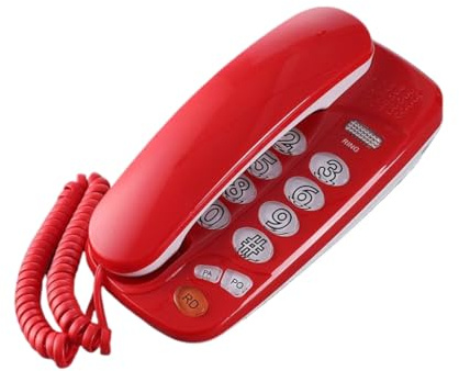 Teléfono fijo con cable montado en la pared y escritorio con remarcación de pausa