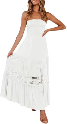 Dam Strandklänning Sommar - Bandeau Klänning Lång Av Axel Sommar Remlös Av Axel Rygglös Svängande A-linje Långa Klänningar Boho Släta Klänningar, Vitt, S