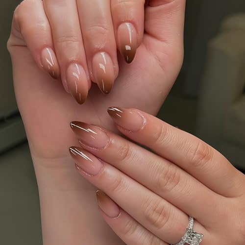 KQueenest Ombre French Press on Nails Almond, Gradient Brown False Nails Medium, Ombre Fake Nails Press ons, Goth Dark Soft Gel Stick on Nails for Women Halloween, 24 Pcs