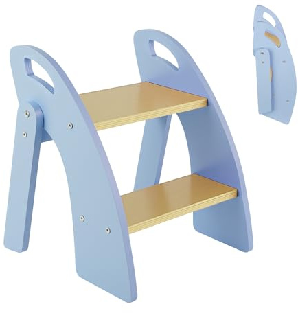 Sampoes Marche Pied Enfant, Marchepied Pliable en Bois à 2 Marches avec Poignée, Charge maximale 135 kg, Marche Pied pour Cusine, Salle de Bain,Chambre à Coucher, Bleu