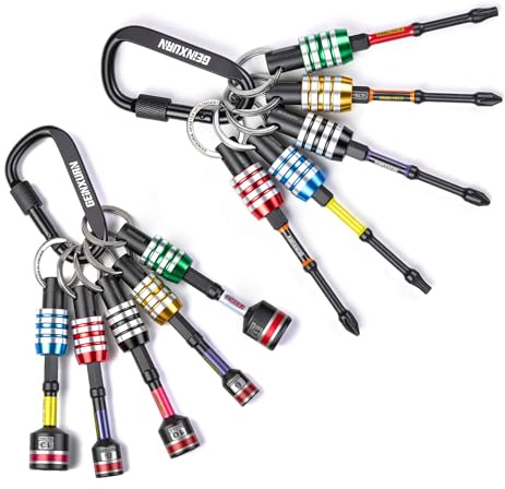Geinxurn 2 Pack of 1/4 Inch Hex Shank Bit Holder Set, Drill Holder Keychain with Impact Driver Bits and Nut Driver, Quick Change Aluminum Alloy Bit Organizer with Carabiner for Outdoor DIY Work
